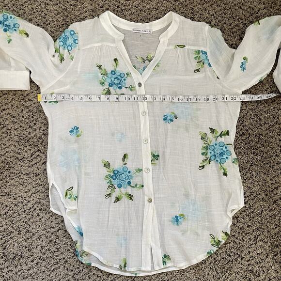 Fig & Flower White Sheer Gauze Button Up Blouse Floral Embroidery Boho Sz PL - Picture 7 of 8